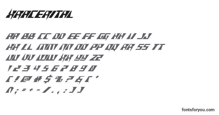 Schriftart Xracerital – Alphabet, Zahlen, spezielle Symbole