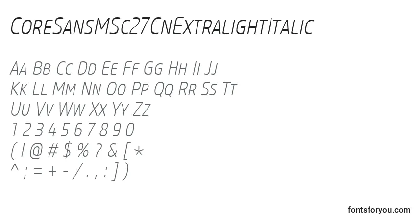 A fonte CoreSansMSc27CnExtralightItalic – alfabeto, números, caracteres especiais
