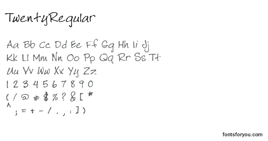 Czcionka TwentyRegular – alfabet, cyfry, specjalne znaki