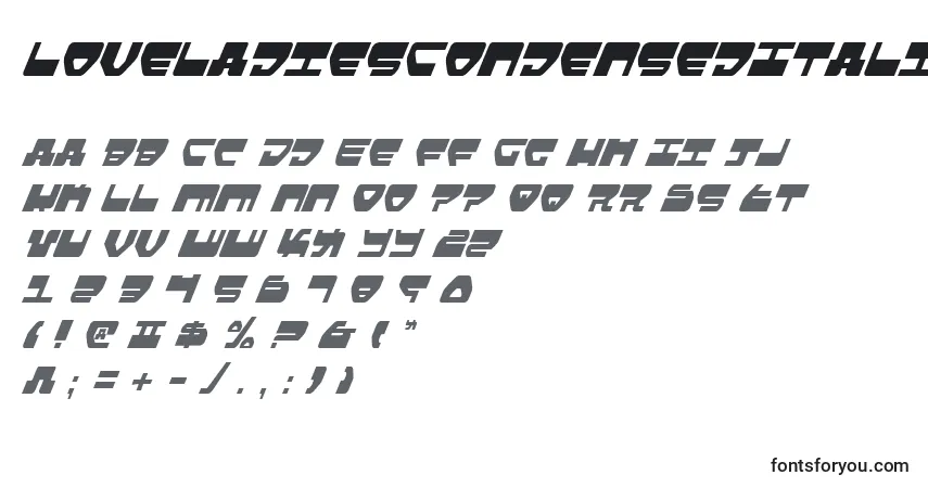 Schriftart LoveladiesCondensedItalic – Alphabet, Zahlen, spezielle Symbole
