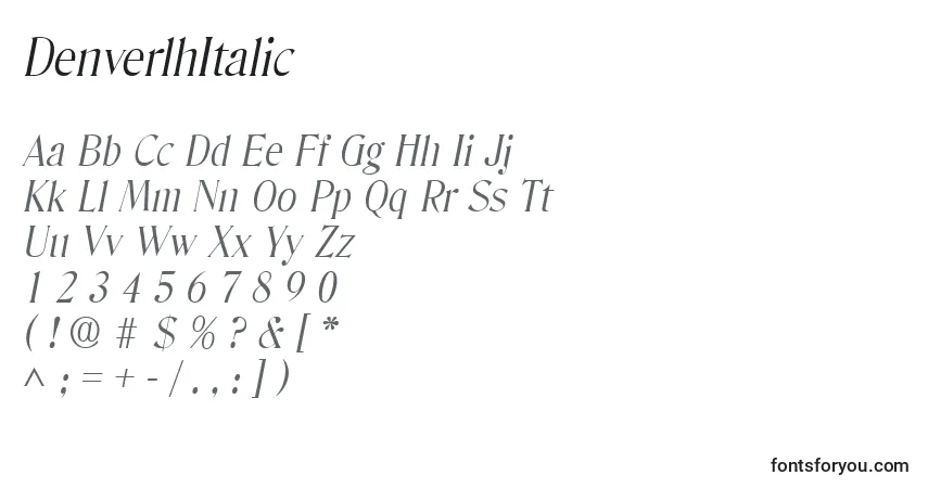 A fonte DenverlhItalic – alfabeto, números, caracteres especiais