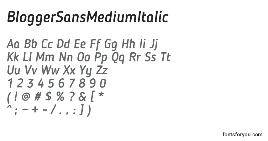 Шрифт BloggerSansMediumItalic – алфавит, цифры, специальные символы