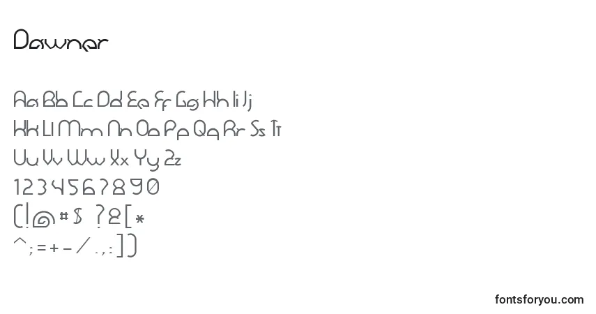 Czcionka Dawner – alfabet, cyfry, specjalne znaki