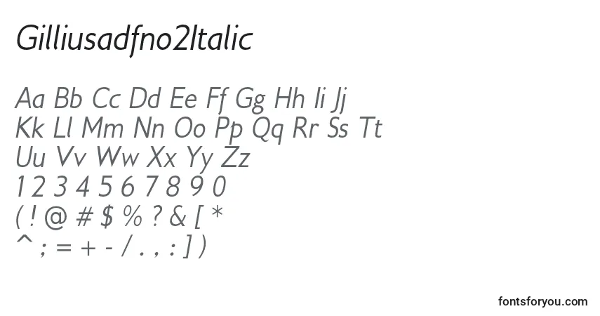 Czcionka Gilliusadfno2Italic – alfabet, cyfry, specjalne znaki
