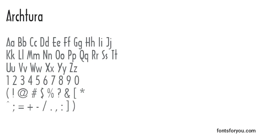 A fonte Archtura – alfabeto, números, caracteres especiais