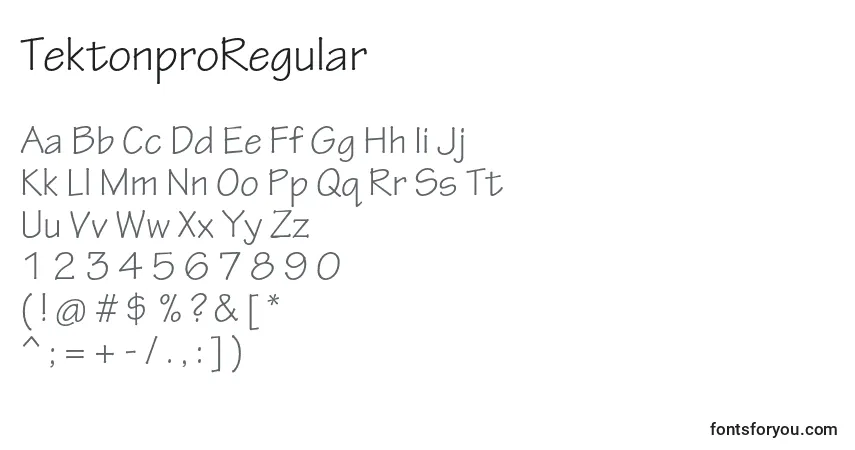 Czcionka TektonproRegular – alfabet, cyfry, specjalne znaki