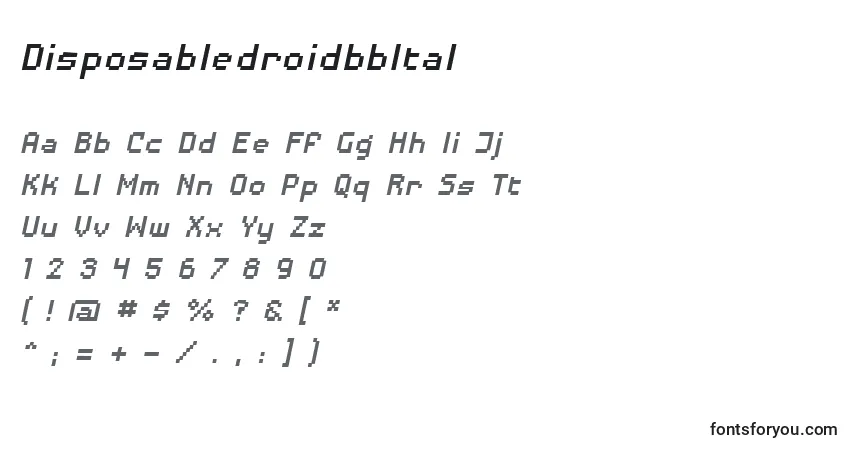 A fonte DisposabledroidbbItal – alfabeto, números, caracteres especiais
