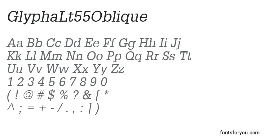 Шрифт GlyphaLt55Oblique – алфавит, цифры, специальные символы