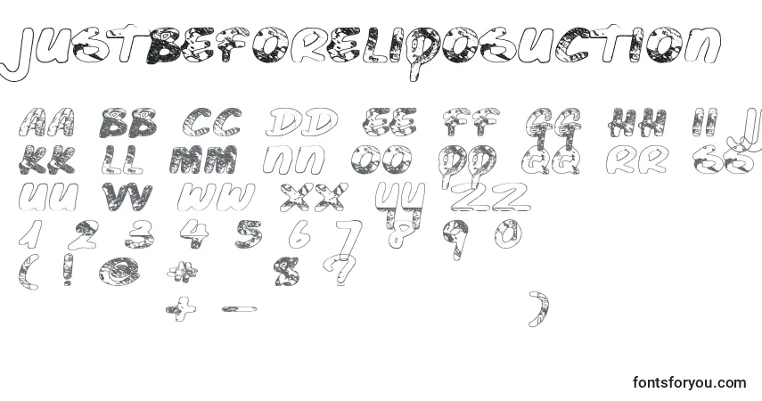 Czcionka Justbeforeliposuction – alfabet, cyfry, specjalne znaki