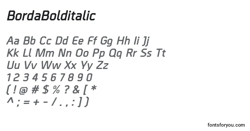 Czcionka BordaBolditalic – alfabet, cyfry, specjalne znaki