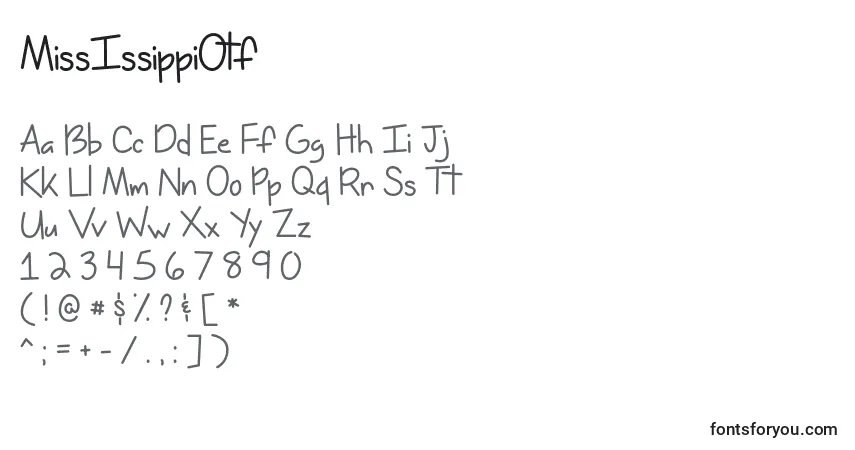 Schriftart MissIssippiOtf – Alphabet, Zahlen, spezielle Symbole