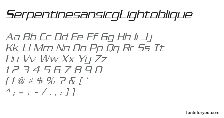 A fonte SerpentinesansicgLightoblique – alfabeto, números, caracteres especiais