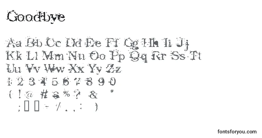 Czcionka Goodbye – alfabet, cyfry, specjalne znaki
