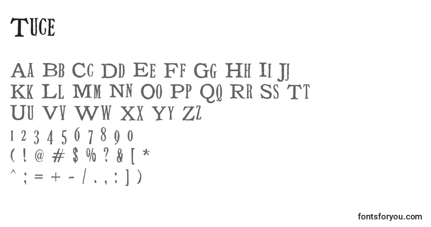 Schriftart Tuce – Alphabet, Zahlen, spezielle Symbole