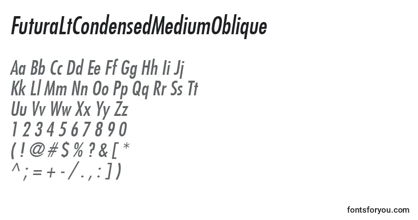 Czcionka FuturaLtCondensedMediumOblique – alfabet, cyfry, specjalne znaki