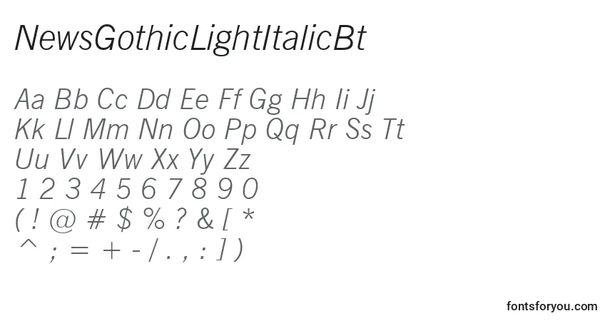 Шрифт NewsGothicLightItalicBt – алфавит, цифры, специальные символы