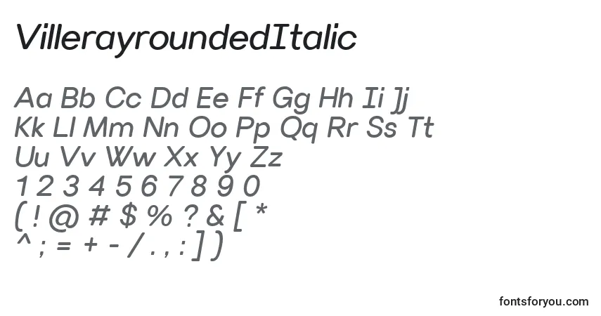 Czcionka VillerayroundedItalic – alfabet, cyfry, specjalne znaki