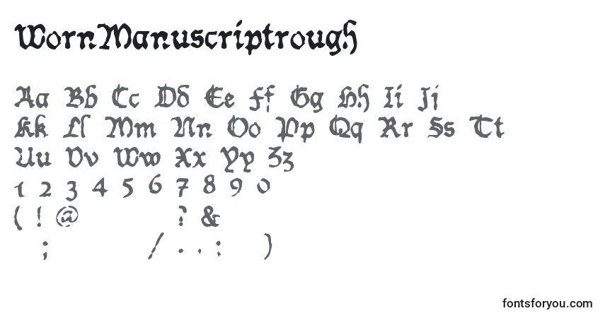 Czcionka WornManuscriptrough – alfabet, cyfry, specjalne znaki