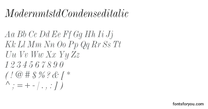 Шрифт ModernmtstdCondenseditalic – алфавит, цифры, специальные символы