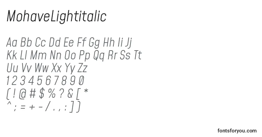 Шрифт MohaveLightitalic (43360) – алфавит, цифры, специальные символы