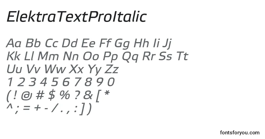 Czcionka ElektraTextProItalic – alfabet, cyfry, specjalne znaki
