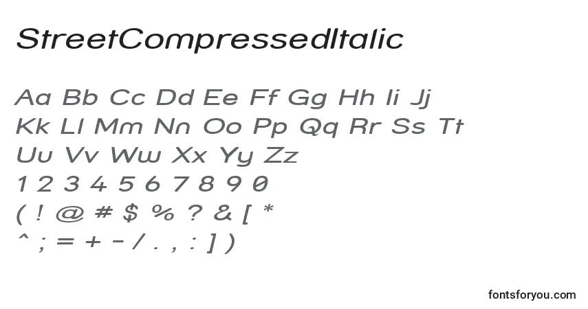 Czcionka StreetCompressedItalic – alfabet, cyfry, specjalne znaki