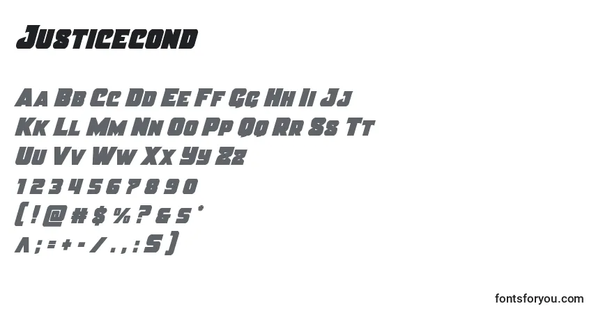 A fonte Justicecond – alfabeto, números, caracteres especiais