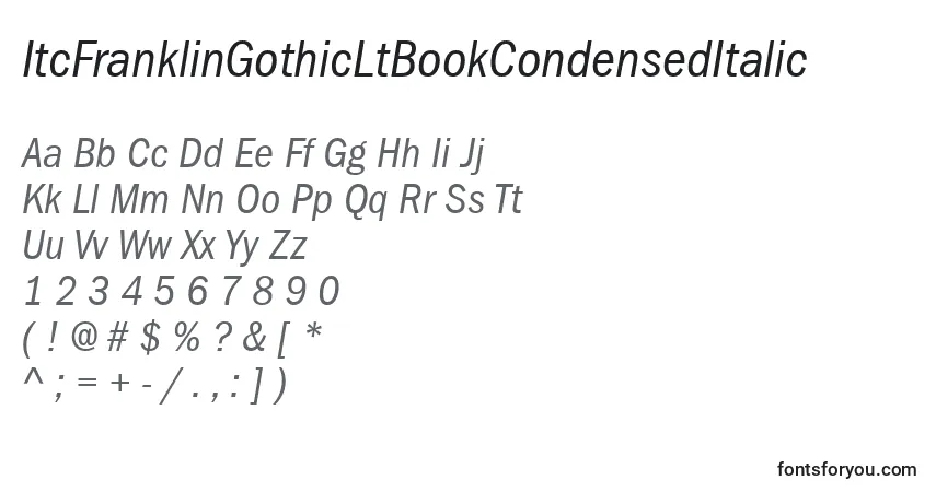 A fonte ItcFranklinGothicLtBookCondensedItalic – alfabeto, números, caracteres especiais