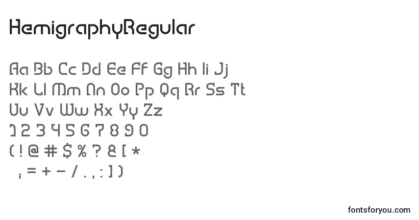 Czcionka HemigraphyRegular – alfabet, cyfry, specjalne znaki