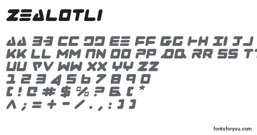 Schriftart Zealotli – Alphabet, Zahlen, spezielle Symbole