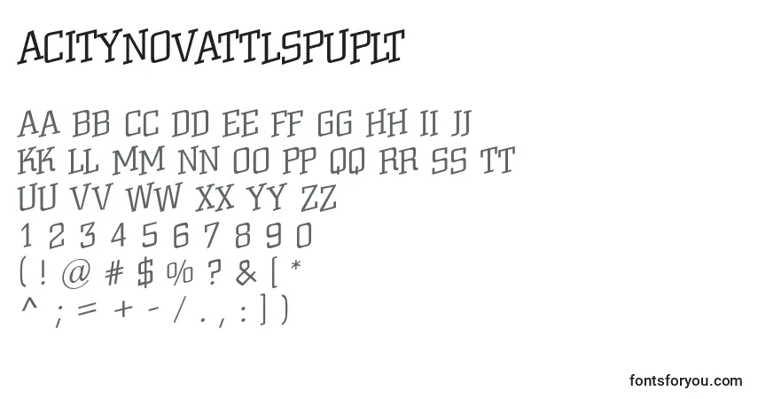 Schriftart ACitynovattlspuplt – Alphabet, Zahlen, spezielle Symbole