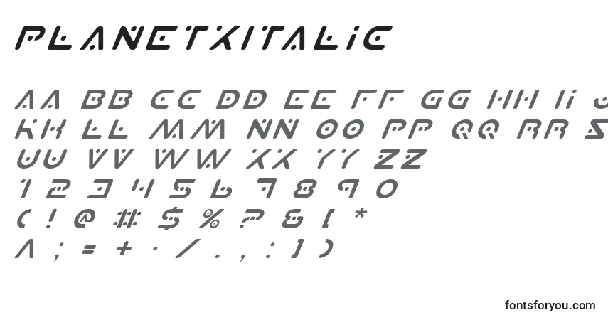 Schriftart PlanetXItalic – Alphabet, Zahlen, spezielle Symbole