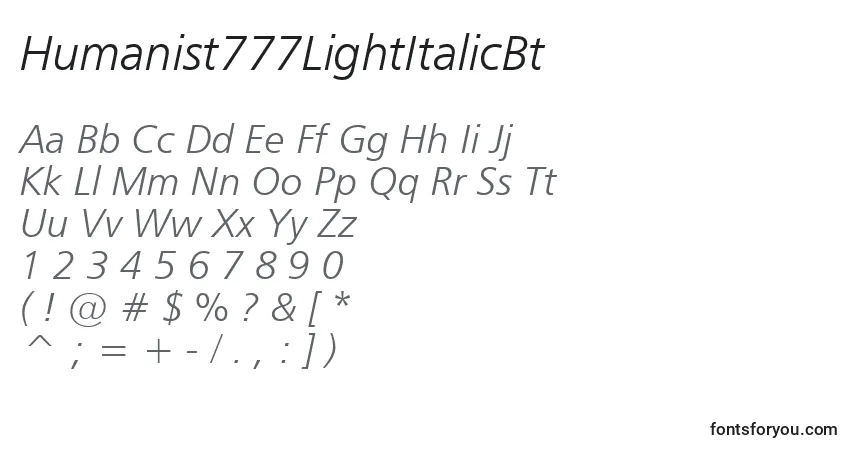Шрифт Humanist777LightItalicBt – алфавит, цифры, специальные символы
