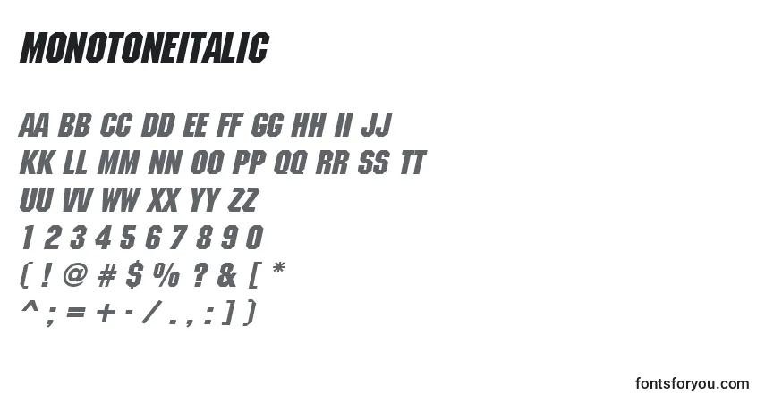 Czcionka MonotoneItalic – alfabet, cyfry, specjalne znaki