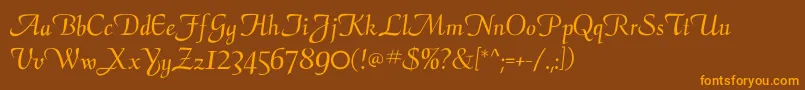 Calligraphyflfフォントについての詳細 フォントCalligraphyflf – オレンジ色の文字が茶色の背景にあります。
