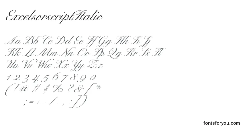 Czcionka ExcelsorscriptItalic – alfabet, cyfry, specjalne znaki