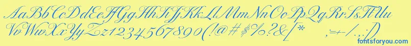 ExcelsorscriptItalic-Schriftart – Blaue Schriften auf gelbem Hintergrund