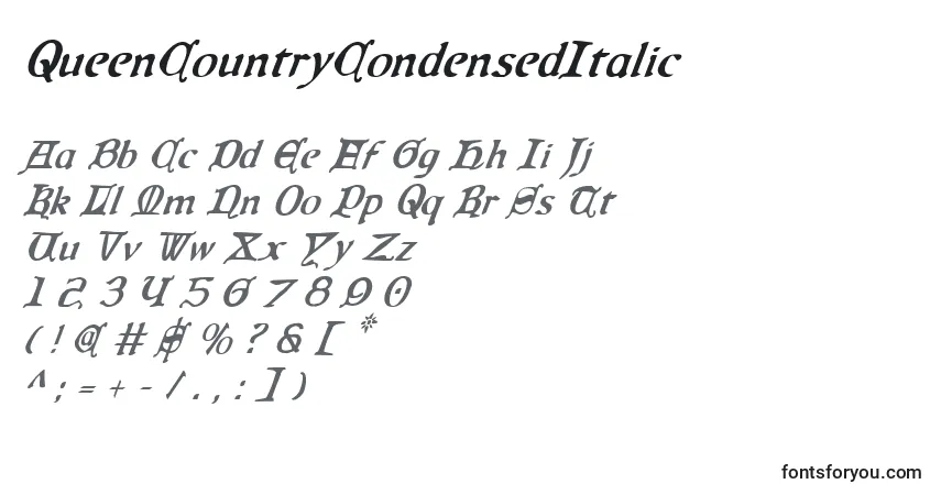 Czcionka QueenCountryCondensedItalic – alfabet, cyfry, specjalne znaki