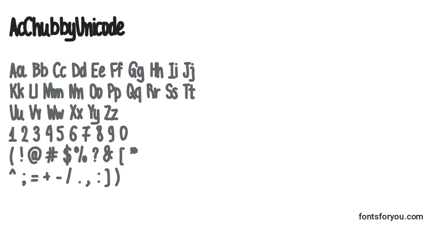 Schriftart AcChubbyUnicode (43508) – Alphabet, Zahlen, spezielle Symbole