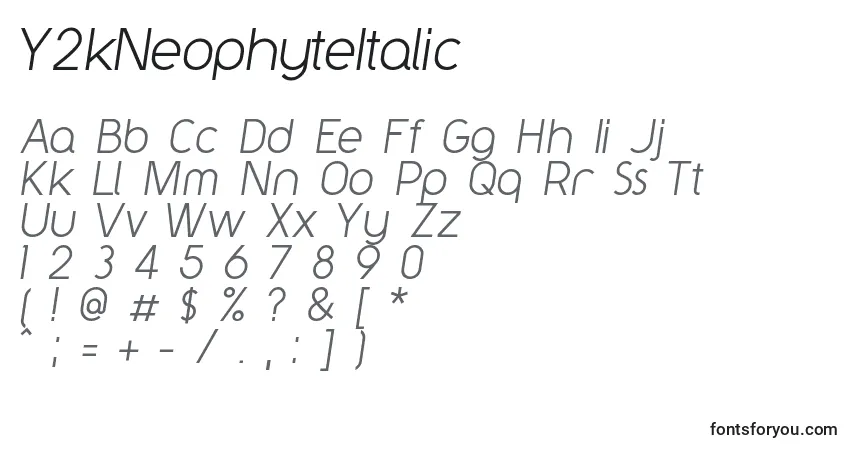 Schriftart Y2kNeophyteItalic – Alphabet, Zahlen, spezielle Symbole