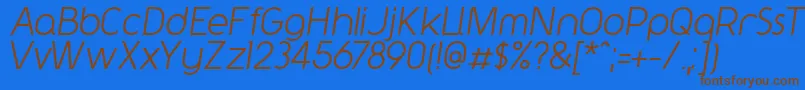 フォントY2kNeophyteItalic – 茶色の文字が青い背景にあります。