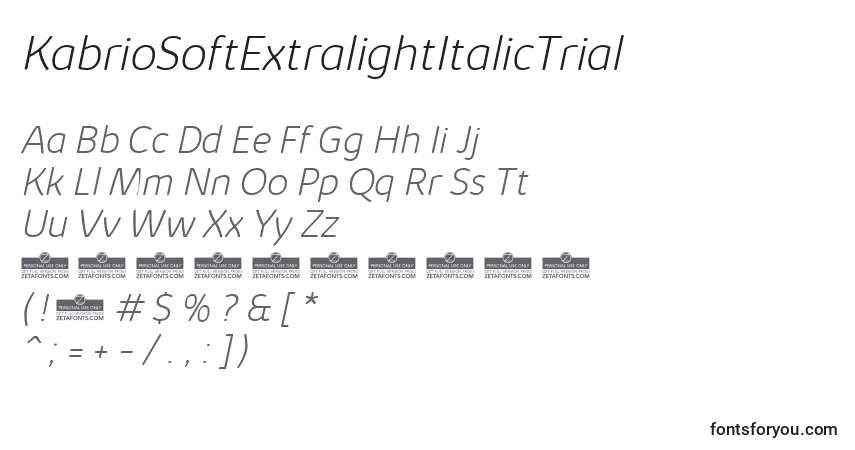 A fonte KabrioSoftExtralightItalicTrial – alfabeto, números, caracteres especiais