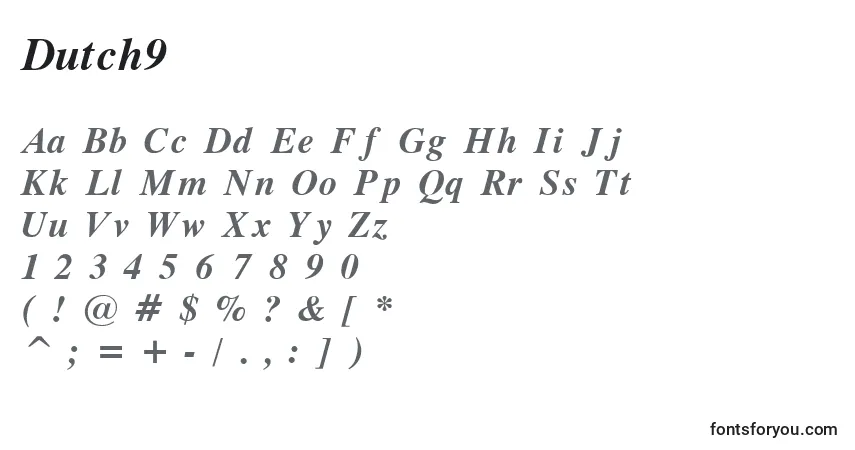Czcionka Dutch9 – alfabet, cyfry, specjalne znaki