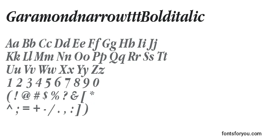Czcionka GaramondnarrowtttBolditalic – alfabet, cyfry, specjalne znaki