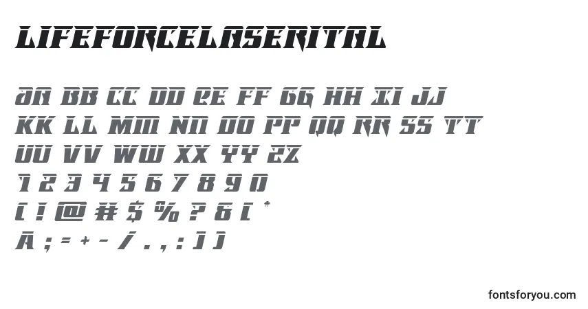 Schriftart Lifeforcelaserital – Alphabet, Zahlen, spezielle Symbole