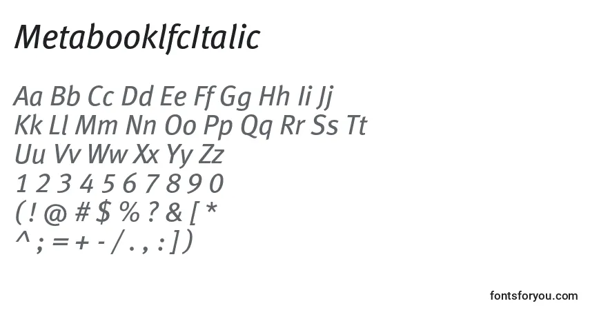 Шрифт MetabooklfcItalic – алфавит, цифры, специальные символы