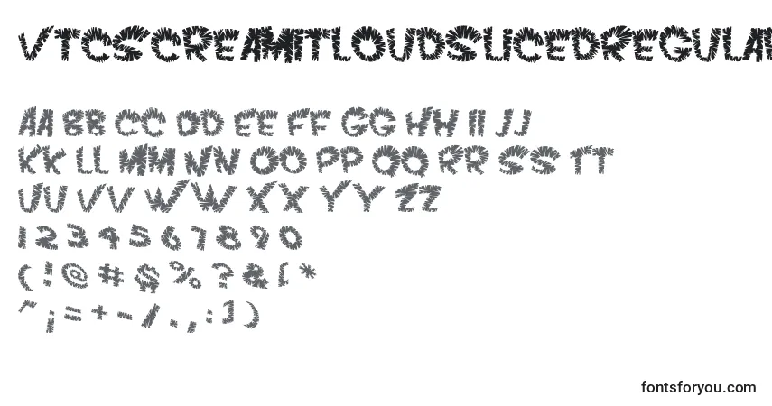 Czcionka VtcScreamitloudslicedRegular – alfabet, cyfry, specjalne znaki