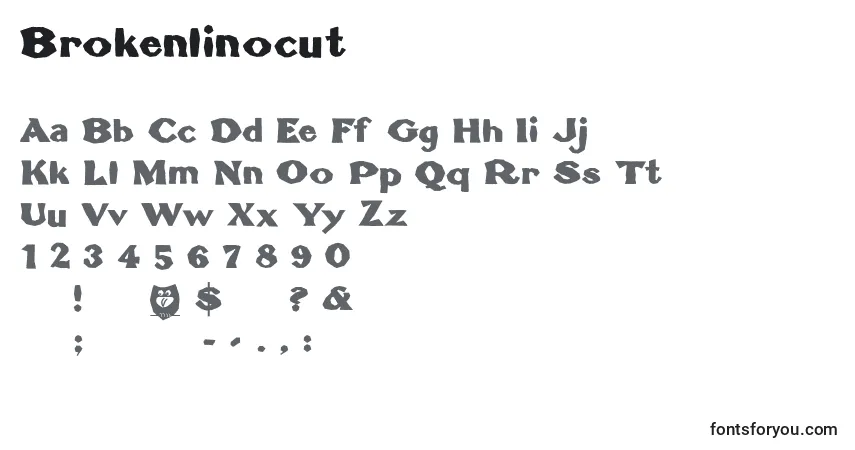 Czcionka Brokenlinocut – alfabet, cyfry, specjalne znaki