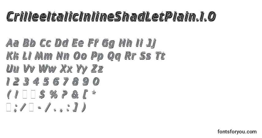 Czcionka CrilleeItalicInlineShadLetPlain.1.0 – alfabet, cyfry, specjalne znaki