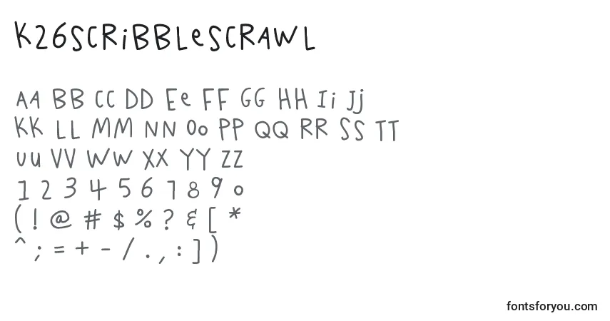 Czcionka K26scribblescrawl – alfabet, cyfry, specjalne znaki